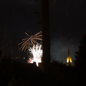 Fireworks on the last day of a SnowFest celebration in Bariloche. The Cathedral is beautifully lit on the right! 
