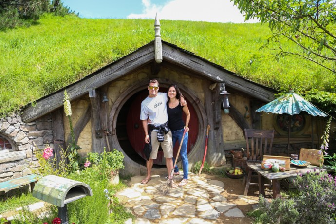 Donna and I posing in front of a Hobbit hole.
