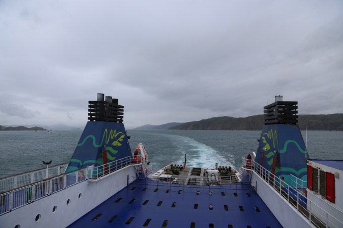 Looking towards Wellington over the stern of the large ferry that brought us and our campervan to the South Island