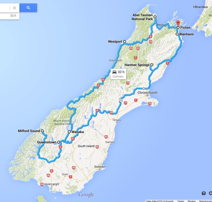 Our route through the South Island
