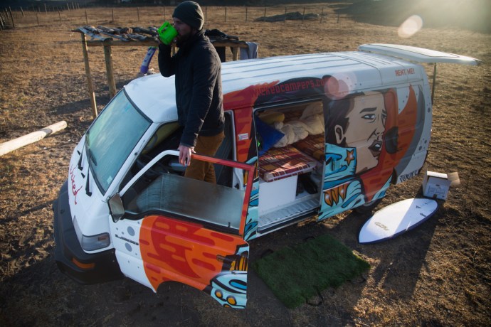 Morning surf check, Brant with coffee in hand