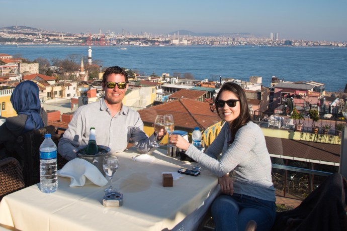 Enjoying a bottle of champagne after the engagement