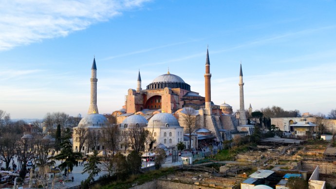 The Hagia Sofia directly opposite the Blue Mosque, beautifully lit up by the setting sun