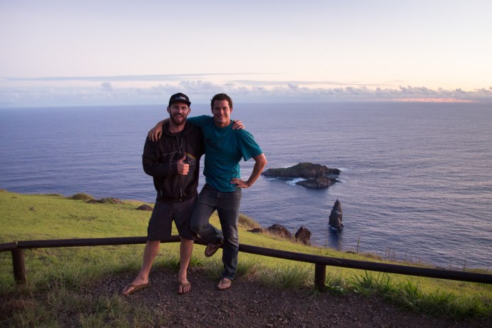 Atop the Rano Kau crater in the Orongo religious site, with all 3 Motu Islands (Motu Nui, Motu Iti and Motu Kau Kau) visible in the background.