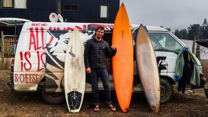 Benjamin Carvallo took this shot of me with Vansky and my quiver for the chile trip. All of these boards got some tube time.
