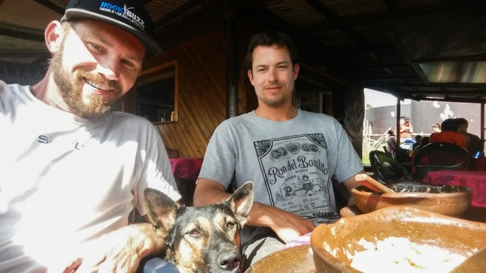 Brant and I hanging out in Hanga Roa post surf session.