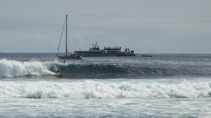 Rene surfing at the left in front of his restaurant, Te Moana. This wave is actually an A-frame and the right was super fun too.