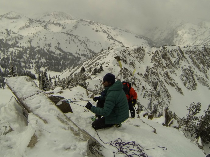 Rob and Grant repelled into a sweet couloir in the Wolverine Cirque